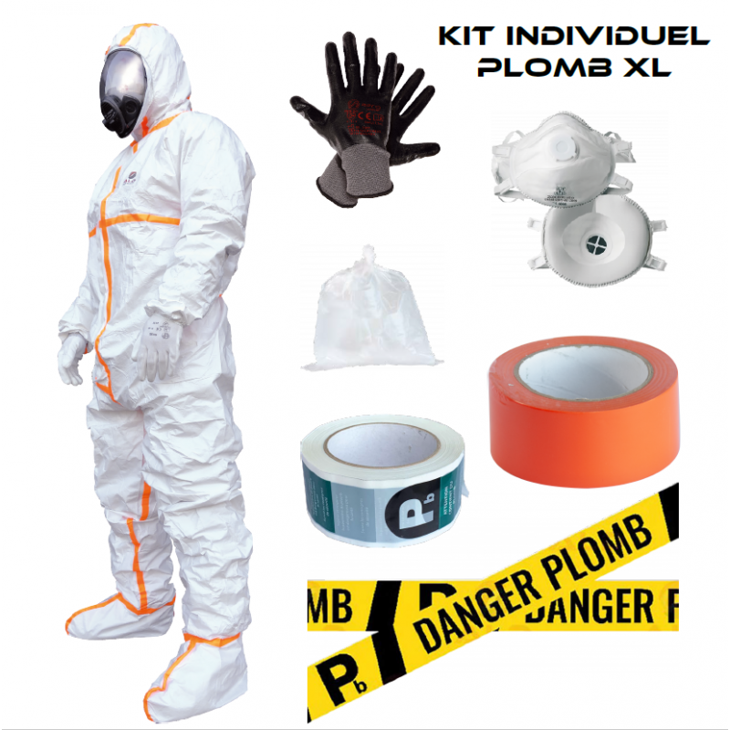 Kit plomb XL combinaison, gants, masques FFP3, sac déchets, ruban adhésif et signalisation Danger Amiante ALD équipement