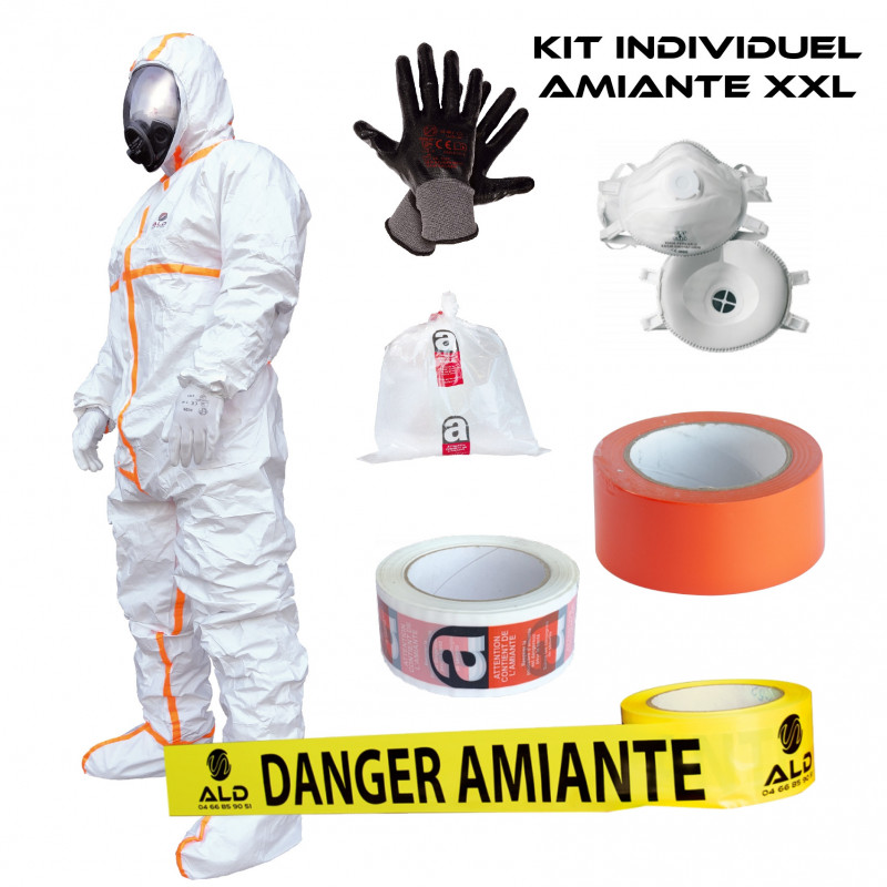 Kit amiante XXL  combinaison jetable, gants, masques FFP3, sacs déchets, ruban adhésif et signalisation Danger Amiante ALD